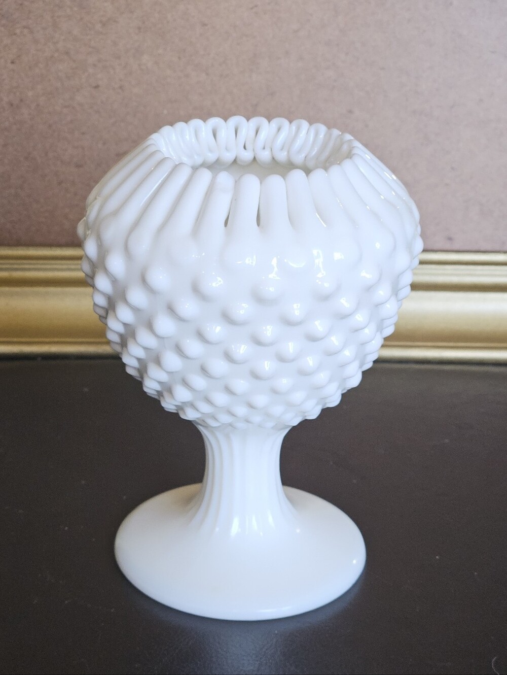 Vintage Fenton White Hobnail Milk Glass Compote Ivy Ball w Crimped Edge
